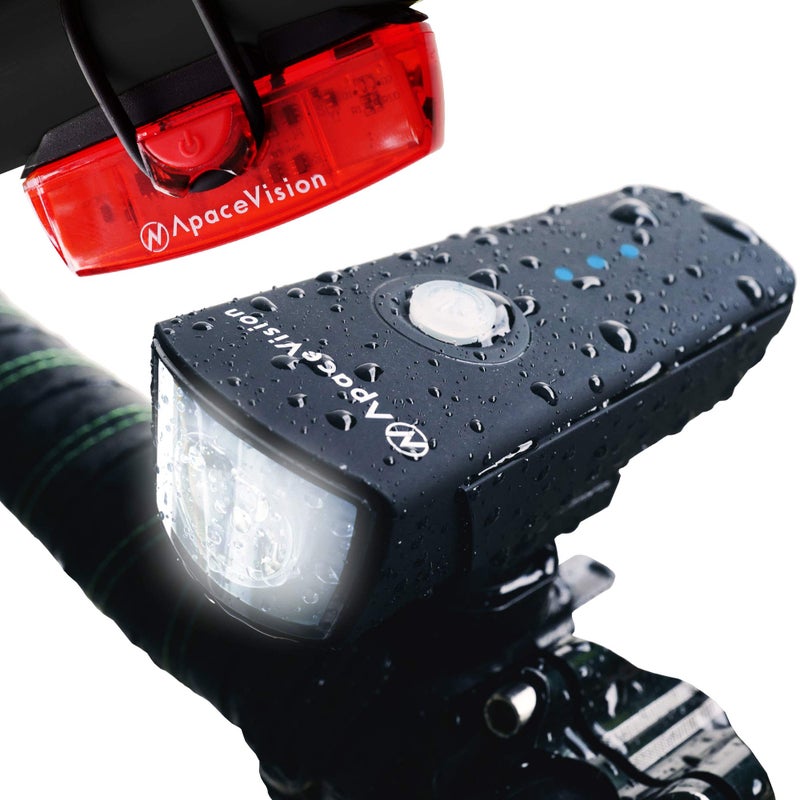 Apace Vision 500 Lumens Bike Light Set USB Rechargeable - Powerful Bicycle Headlight & LED Tail Light Combo - Super Bright IPX5 Waterproof MTB Road Commuter Front and Back Cycle Lights by Apace - Image 1